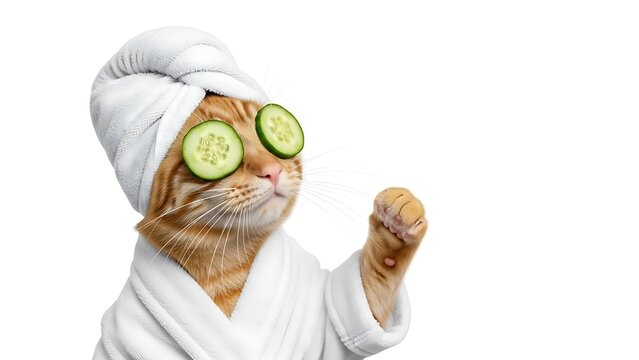 Relaxed ginger cat enjoying a spa day with cucumber slices.