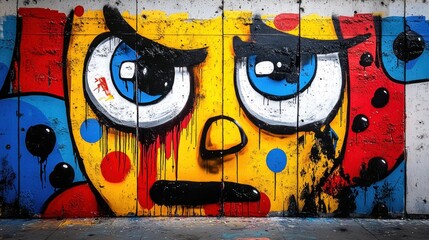 Colorful graffiti face with large blue eyes, dripping paint, and bold black eyebrows on a concrete wall showing an intense and angry expression