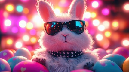 cool white fluffy rabbit wearing black sunglasses and a studded collar surrounded by colorful decorated eggs with vibrant bokeh lights in the background