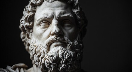 Close-up of a classical marble bust of a bearded man with curly hair and a contemplative expression against a dark background