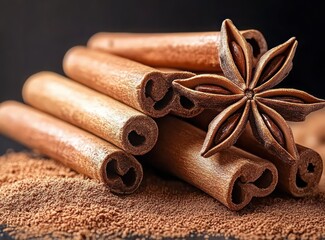Close-up of stacked cinnamon sticks and star anise on a bed of ground cinnamon powder with dark background