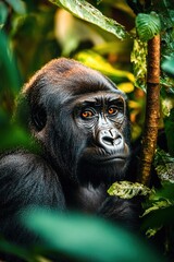 Obraz premium Close-up of a contemplative gorilla surrounded by lush green foliage in a dense forest environment