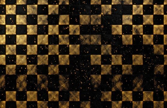 Dark and gold abstract checkerboard pattern with textured squares and golden speckles scattered across the surface