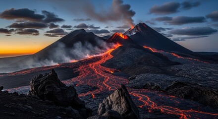 Multiple volcanic cones display incandescent molten streams flowing across dark rock formations at twilight