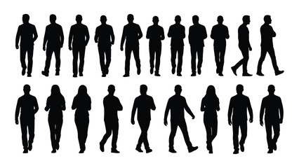 Diverse people walking and standing silhouettes isolated on white background, Vector