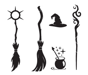witchcraft symbols broomsticks staffs hat cauldron 