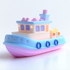Colorful toy boat with soft pastel hues and rounded shapes giving a playful and cheerful impression on a clean white background