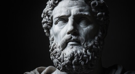 Close-up of a classical marble bust featuring a bearded man with curly hair and blank eyes illuminated against a dark background, conveying a solemn and timeless expression
