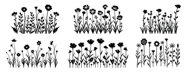 wildflowers meadow silhouette clipart set