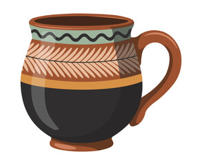 A beautifully decorated ceramic mug with a patterned design and warm tones