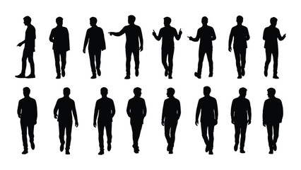 Walking men silhouettes with various poses isolated on white background, Vector
