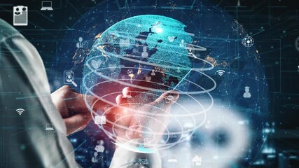 This image represents the concept of digital transformation, showcasing a globe surrounded by various icons that symbolize technology, connectivity, and innovation in business. Xenic - Powered by Adobe