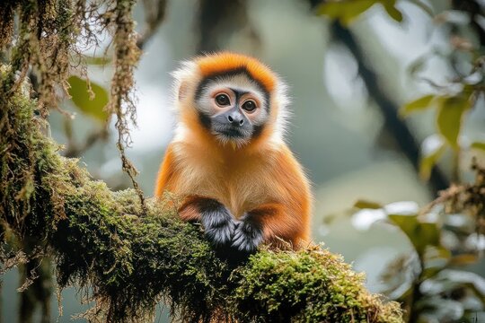 Small orange and black monkey with a fluffy white face sitting on a moss-covered tree branch in a forest