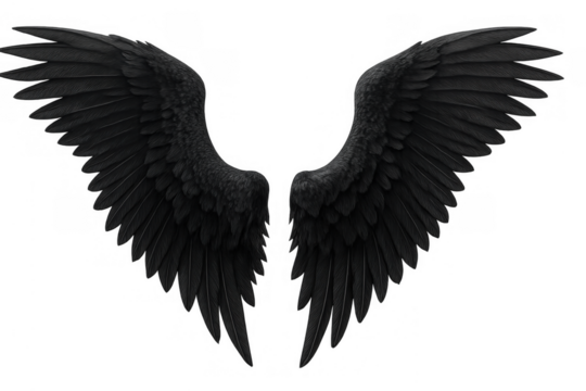 Black angel wings representing fallen, dark, and fantasy concepts, isolated with detailed feathers on transparent background - Powered by Adobe