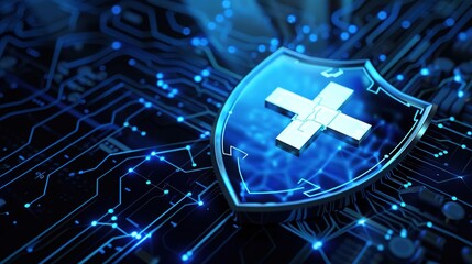 Glowing blue shield with a white cross symbol protecting sensitive digital health data on a futuristic circuit board background representing advanced medical technology.
