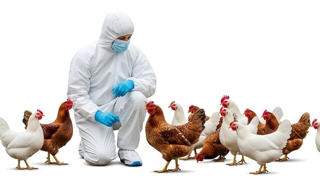 Veterinarian in protective suit examining chickens on a farm.