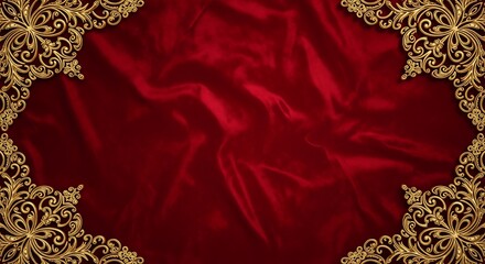 Luxurious Red Velvet Fabric With Ornate Gold Filigree Border Elegant Background