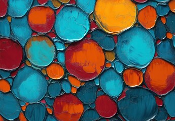 Close-up of textured abstract painting featuring overlapping circular shapes in vibrant teal, orange, red, and yellow hues with visible brush strokes and rough surface