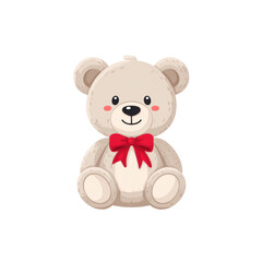 Obraz premium Cute, happy teddy bear character with red bow. An adorable cartoon illustration of soft toy for baby or child, sitting isolated on plain background, smiling