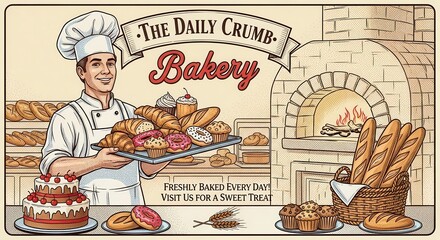 Smiling pastry chef presents a fresh assortment of baked goods beside a traditional brick oven