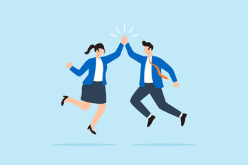 Flat illustration of businessman and businesswoman jumping for high five symbolizing teamwork success celebration collaboration and workplace motivation