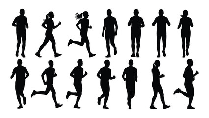 Running and jogging silhouettes isolated on white background, Vector