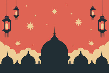 Crescent Moon Night Landscape Islamic Desert  Ramadan Illustration