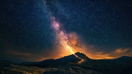 Stunning Night Sky with Milky Way Galaxy Over Dramatic Mountain Landscape and Glowing Horizon in a Remote Wilderness Setting