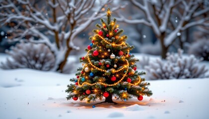 A festive Christmas tree with lights and ornaments stands in the snow amidst winter landscape elements like trees with snow, creating a holiday atmosphere.