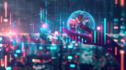 Human hand holding a glowing Earth globe surrounded by futuristic digital data visualizations and light trails representing global network technology