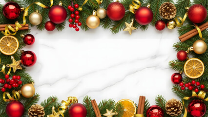 Christmas frame border with fir branches and decorative balls for holiday celebration