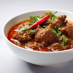 Fototapeta premium Rich Red Curry Beef Stew With Garnish of Fresh Cilantro and Chili Pepper in White Bowl