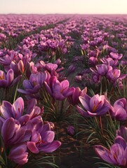 Obraz premium Purple saffron crocus flowers blooming in a field at golden sunrise