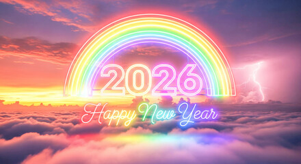 Vibrant neon 2026 happy new year text with rainbow arc over dramatic twilight clouds isolated on white background, Vector