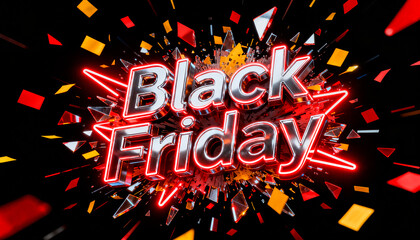 Explosive black friday neon sign with vibrant confetti and starburst effect for retail sales and promotions