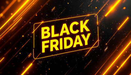 Dynamic black friday sale announcement with glowing orange streaks and particles on a dark background
