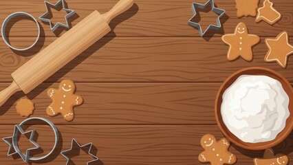 Gingerbread cookies and baking tools on a rustic wooden table.