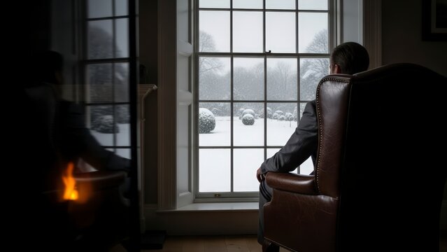 Man sitting in a chair looking out a window at a snowy landscape.