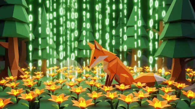 Low Poly Fox Sitting in Flower Field Amidst Digital Rain Forest