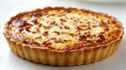 Savory Bacon and Cheese Quiche Tart with Golden Brown Pastry Crust Close Up Studio Shot