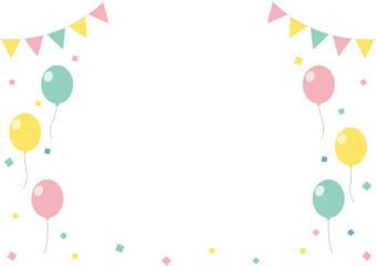 カラフルな風船とフラッグガーランドを飾ったお祝いフレーム/楽しいパーティー素材