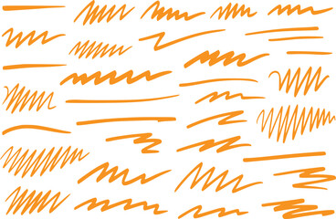 Collection of Orange Highlighter Marker Scribble Lines and Underline Marks Isolated on Transparent Background