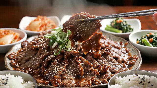 Bulgogi Meat and Traditional Korean Style Rice Being Carefully Served with Flavorful Sauce, Perfect for Cooking Shows, Restaurant Advertisements, or Family Gatherings Highlighting Cultural.