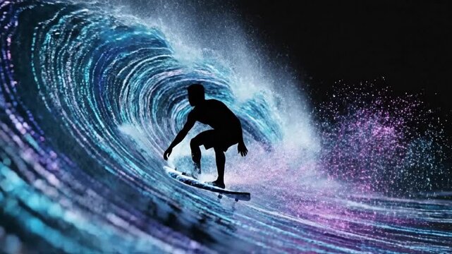 A silhouette surfs a stylized, glowing wave, showcasing flowing blue and purple patterns