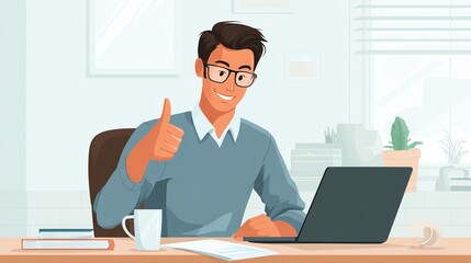 A young man in glasses gives a thumbs up while seated at a desk, working on a laptop with a cup of coffee beside him. The bright room shows a modern, productive workspace.