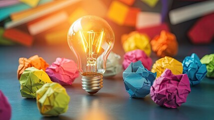 Creative light bulb design surrounded by colorful crumpled paper balls on a vibrant workspace, symbolizing innovation and artistic inspiration