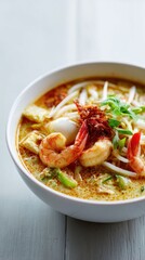 Savory Noodle Soup With Shrimp Tofu Bean Sprouts And Chili Flakes In White Bowl