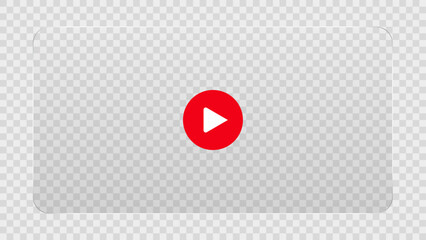 Contemporary vector glassmorphism video player interface mockup. Futuristic transparent frosted glass UI design with blur effect. Media playback screen layout with red play button.