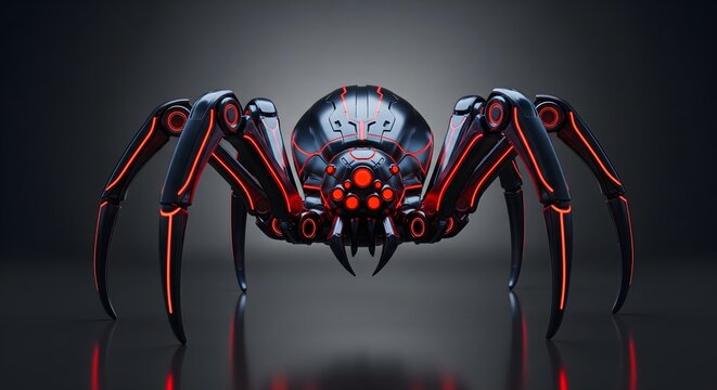 Futuristic mechanical spider robot with red lights 3d rendering sci fi cyborg insect on dark background suitable for gaming technology and artificial intelligence concepts design.