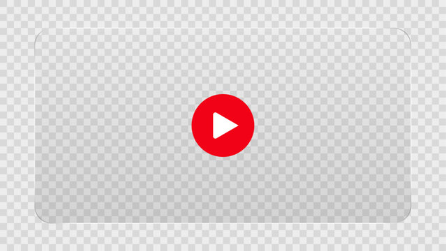 Contemporary vector glassmorphism video player interface mockup. Futuristic transparent frosted glass UI design with blur effect. Media playback screen layout with red play button.